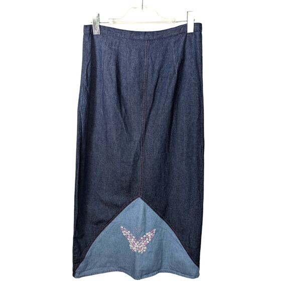 Vintage 90's Funky People Denim Maxi Skirt Embroidered Flowers an Butterfly - Picture 1 of 9